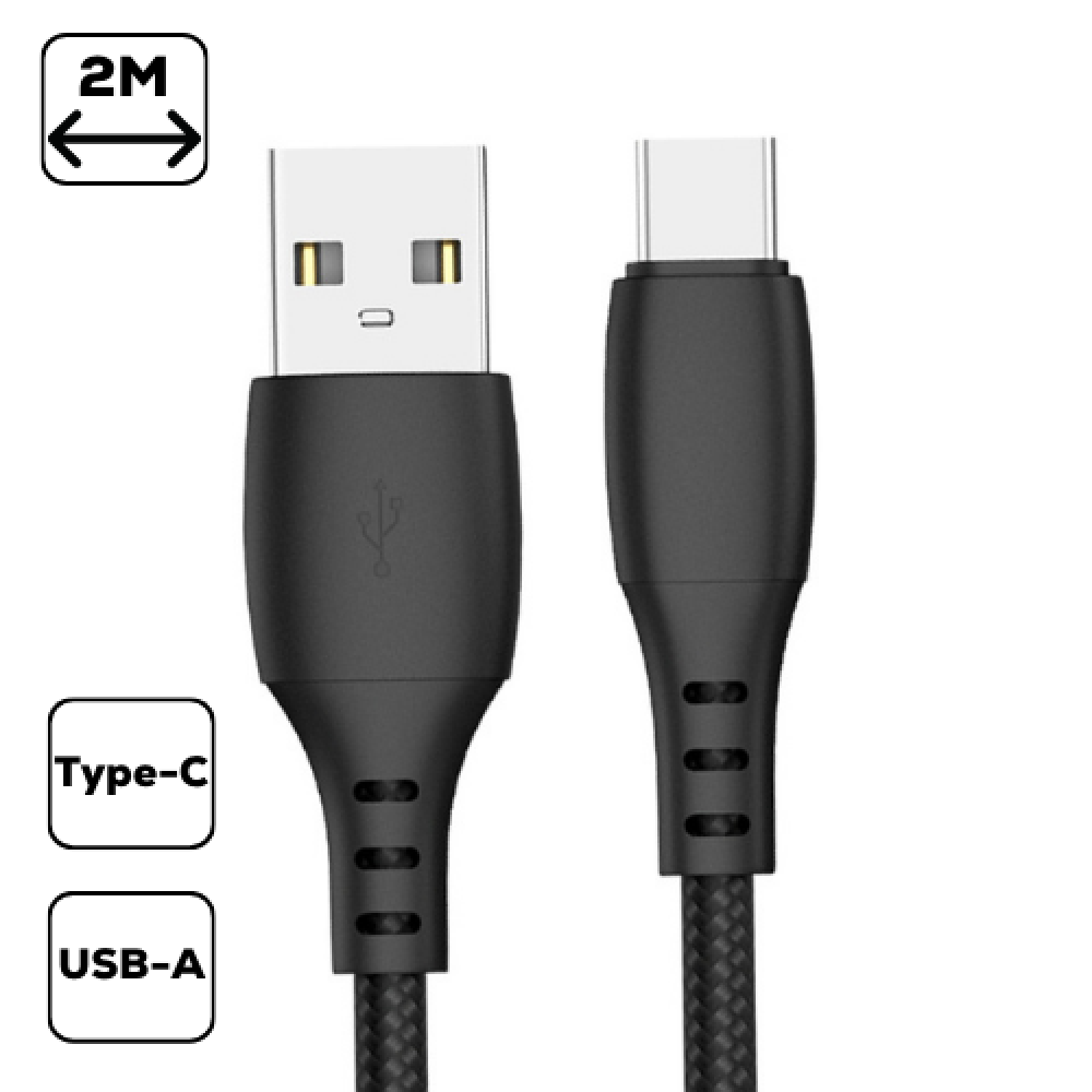 Szövet borítású Type-C adatkábel,2m, Fekete