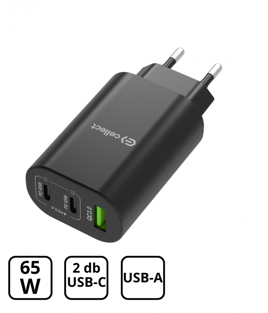 Hálózati gyorstöltő adapter 65W, Fekete