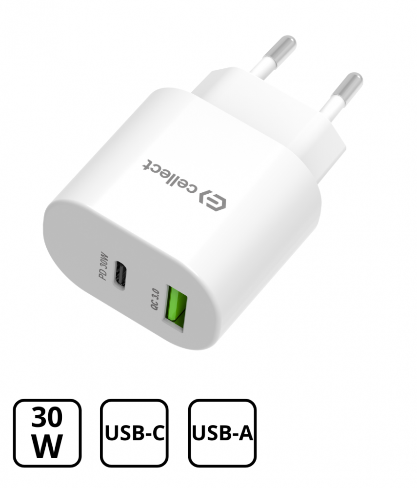 Hálózati gyorstöltő adapter 30W, Fehér