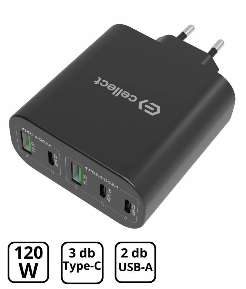Hálózati gyorstöltő adapter 120W, Fekete