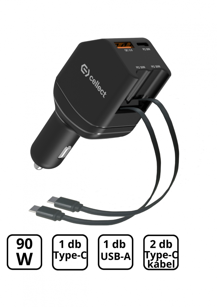 Autós töltő 2 db beépített kábellel gyorstöltéssel 90W,Fekete
