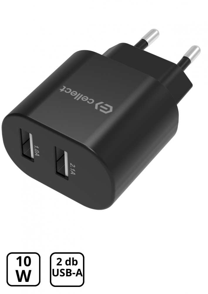 Hálózati töltő adapter 2 USB csatlakozóval 10W, Fekete