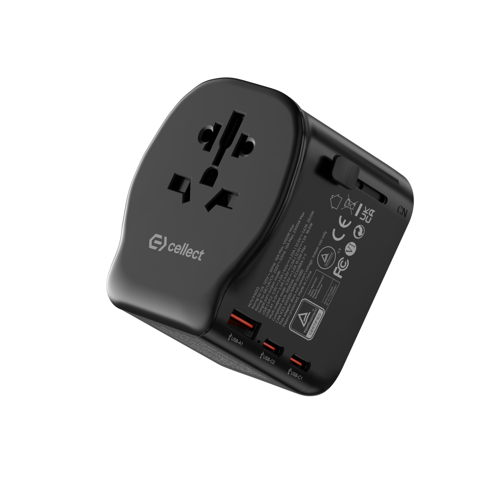 Utazó adapter 20W, 2 USB-C, 1 USB-A UK/CN/EU standard, Fekete