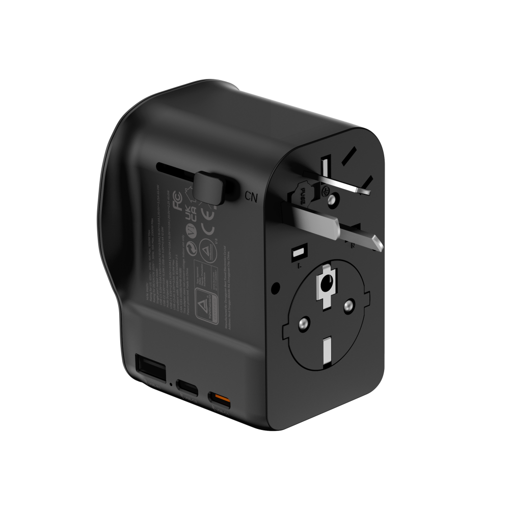 Utazó adapter 65W, 2 USB-C, 1 USB-A UK/CN/EU standard, Fekete